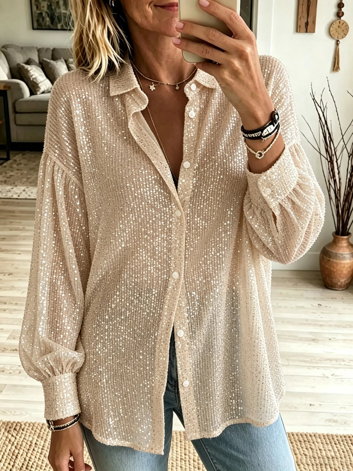 Women's Sequin Oversized Button-Down Shirt