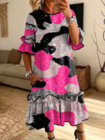 Retro Shiny Pink Patchwork Pattern Art Print Casual Ruffle Stylish Cotton Linen Dress