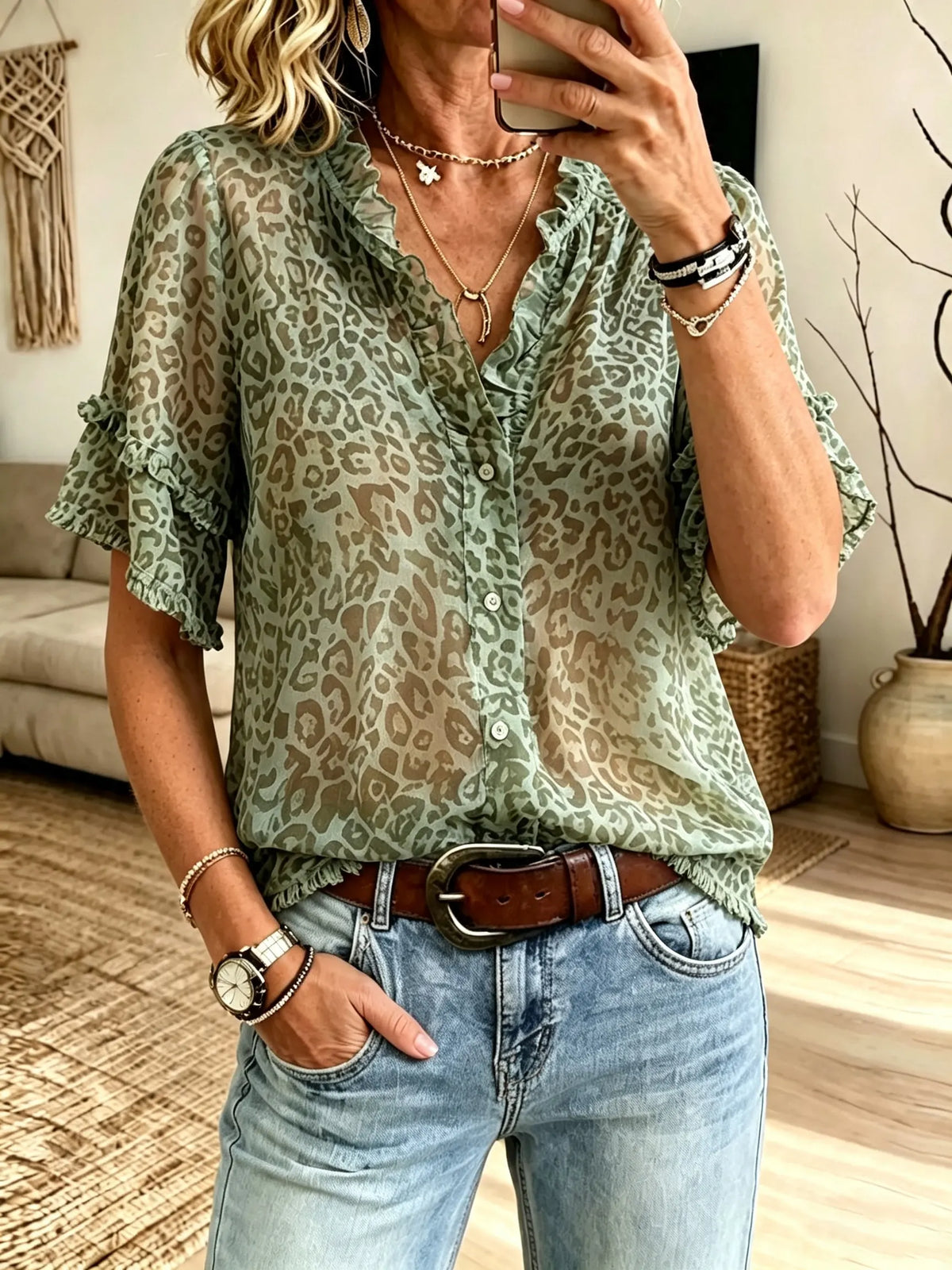 Women's Sheer Leopard Ruffle Short Sleeve Blouse