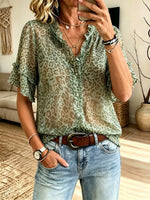 Women's Sheer Leopard Ruffle Short Sleeve Blouse