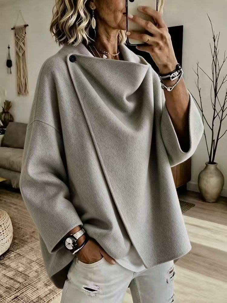 Women's Asymmetrical Button Wrap Collar Poncho