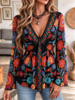 Women's Black V-Neck Long Sleeve Top with Vibrant Folk Floral Embroidery