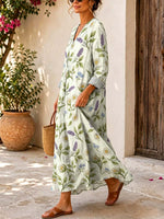 Retro Floral Pattern Art Print Casual V-neck Long Sleeve Cotton Linen Maxi Dress