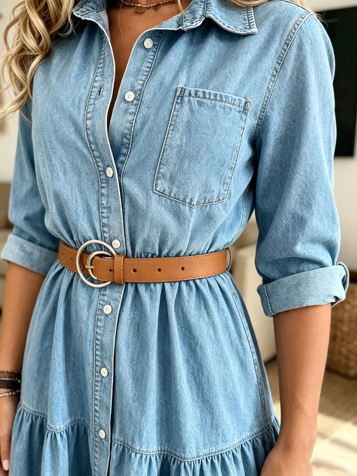 Women's Tiered Denim Shirt Midi Dress