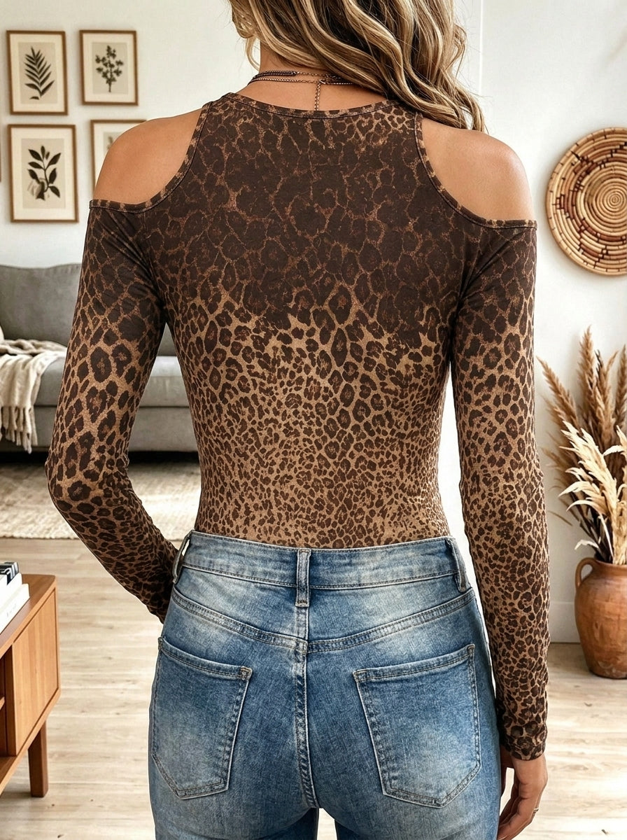Women's Brown Leopard Print Cold Shoulder Slim Fit Long Sleeve Top