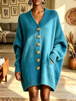 Women's Oversized V-Neck Gold Button Knit Dress