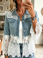 Women's Sheer Floral Lace Hem Denim Jacket