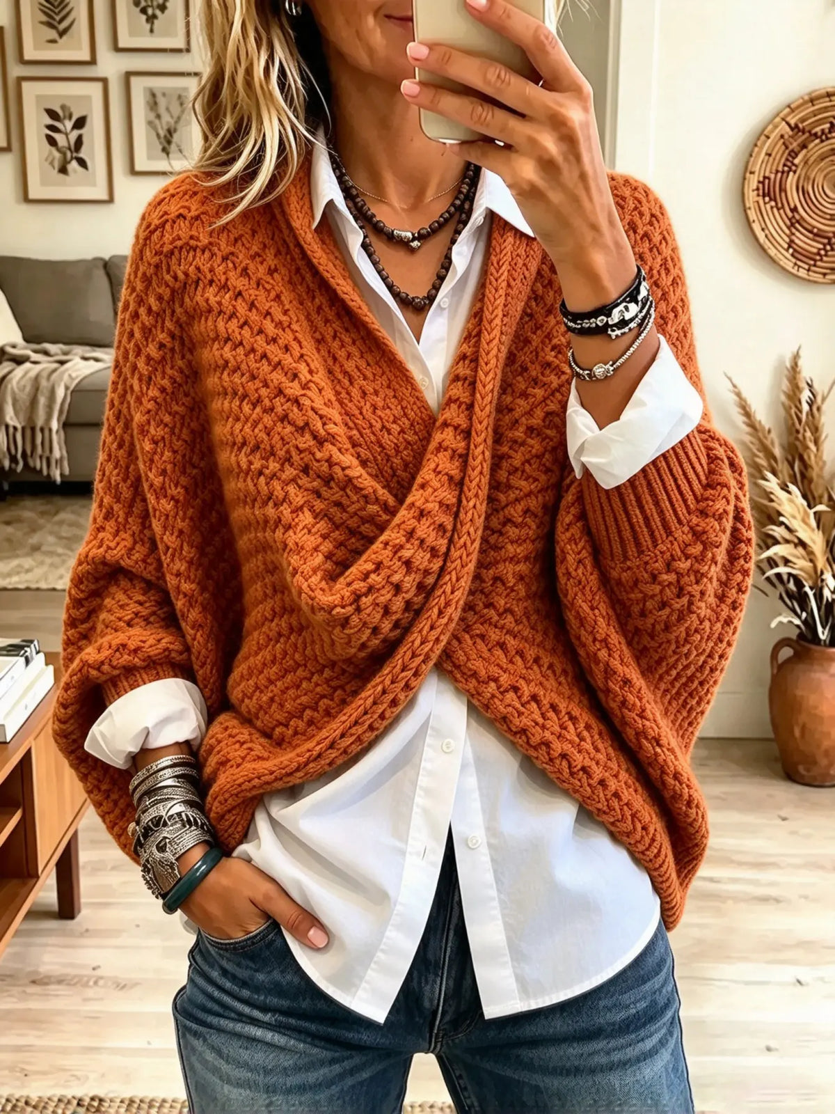 Women's Chunky Knit Cross-Front Batwing Poncho Sweater