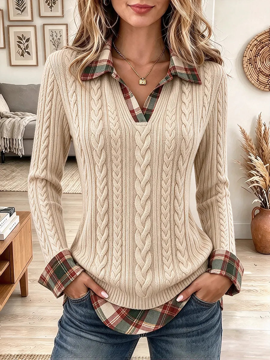Women's With Plaid Collar V Neck Long Sleeve Fake Two Piece Pullover Top