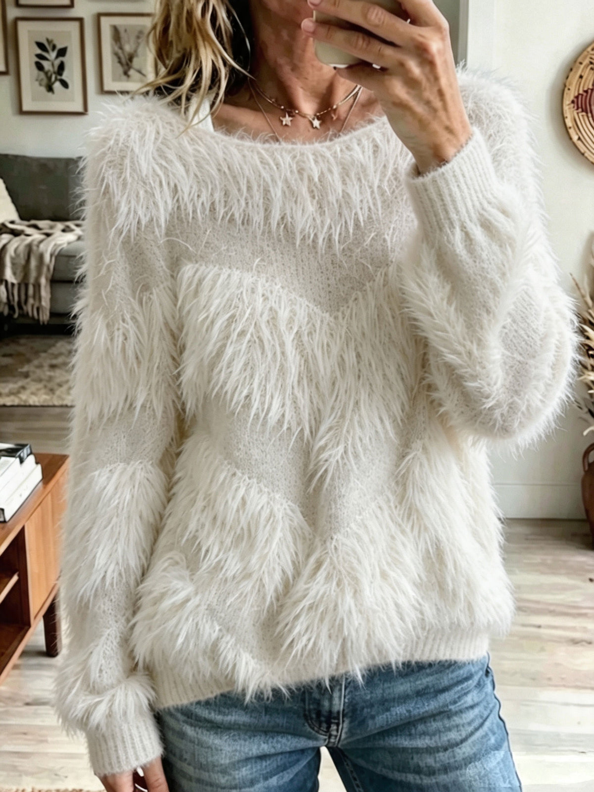 Fuzzy Chevron Textured Sweater, Loose Long Sleeve Boat Neck Pullover