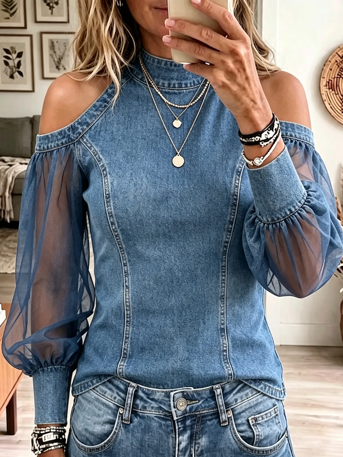 Women's Cold-Shoulder Sheer Sleeve Denim Top