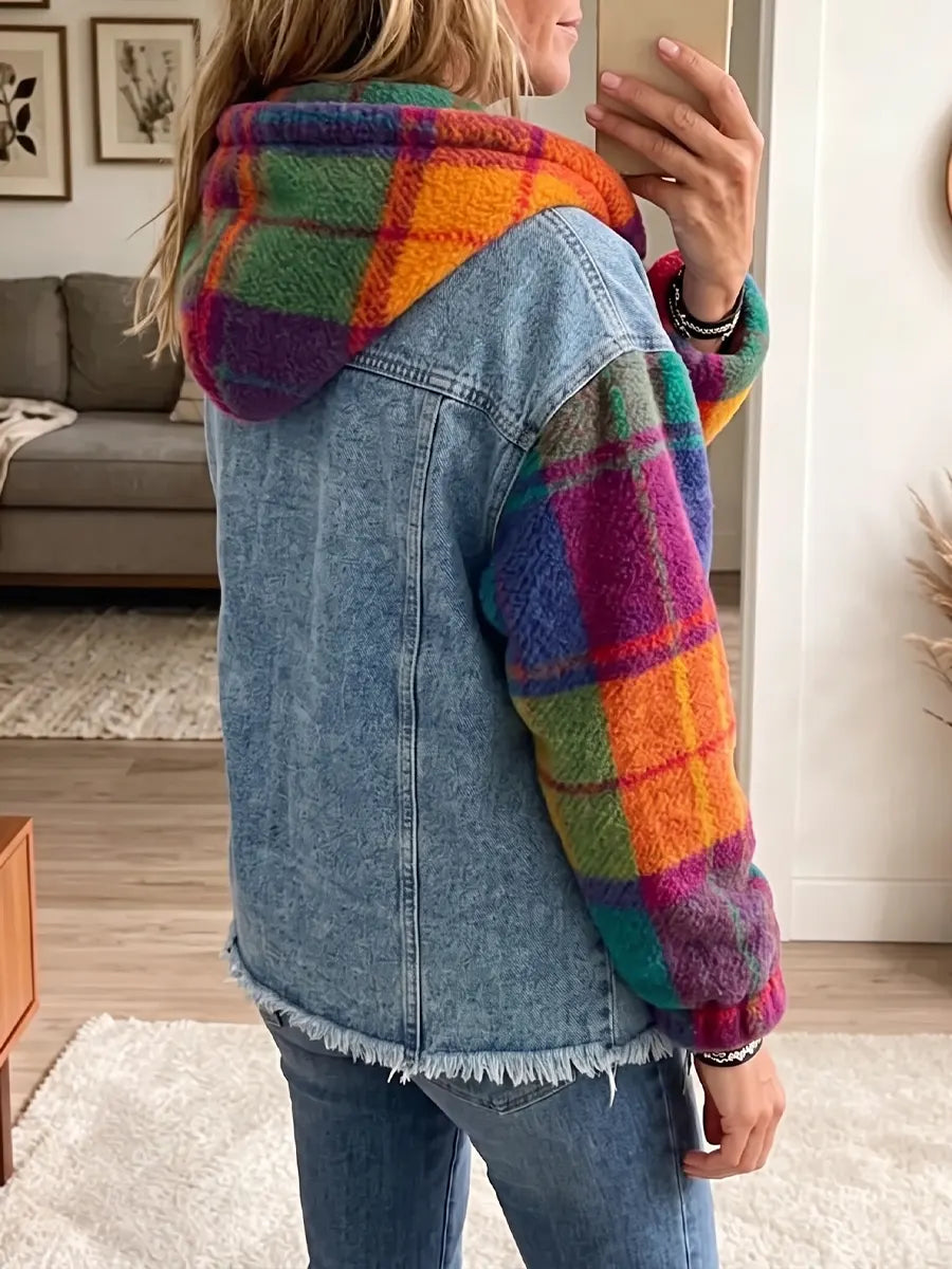 Vintage Elegant Denim Patchwork Plaid Fleece Coat