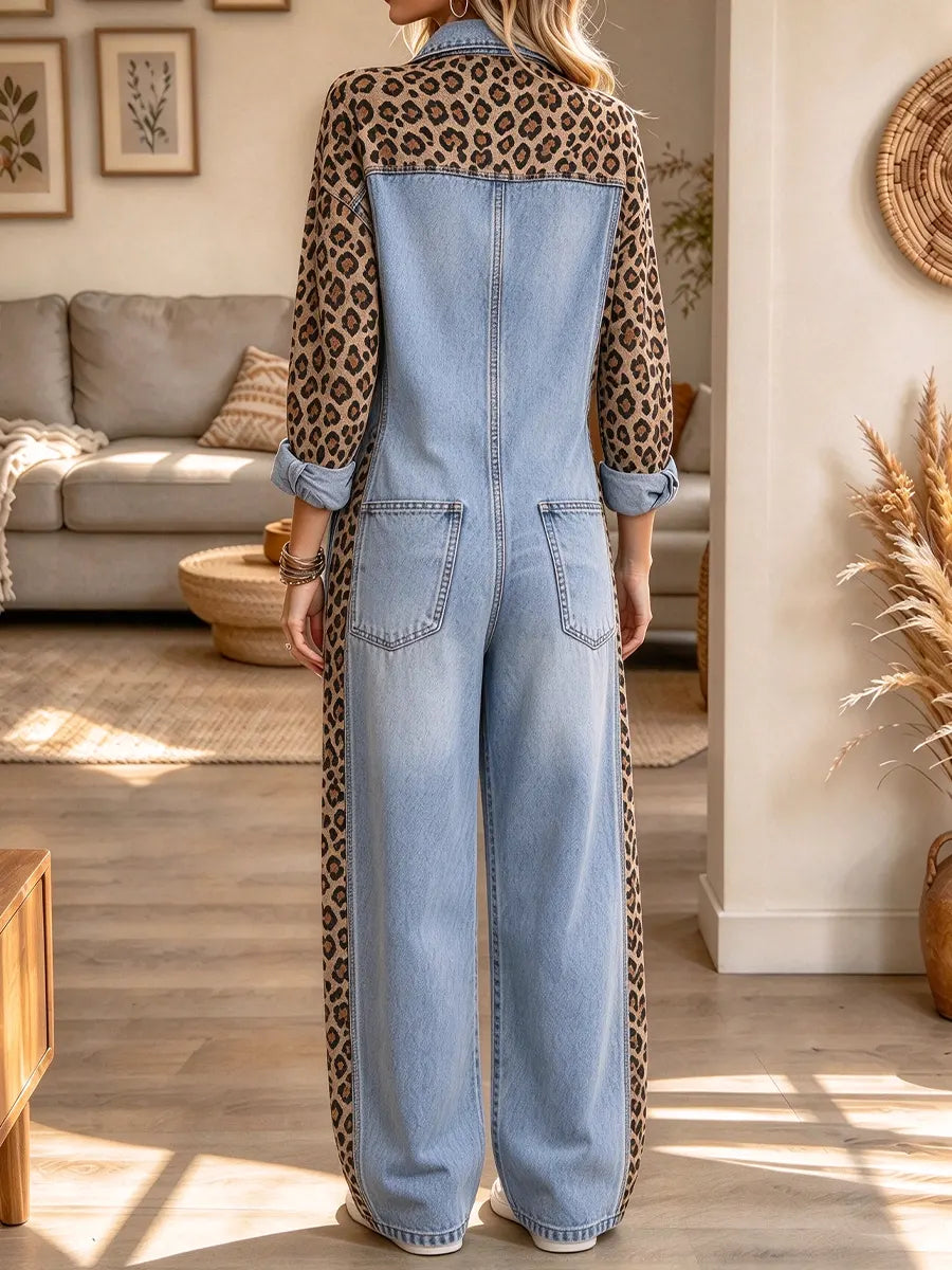 Women's Casual Leopard Print Long-sleeved Denim Jumpsuit