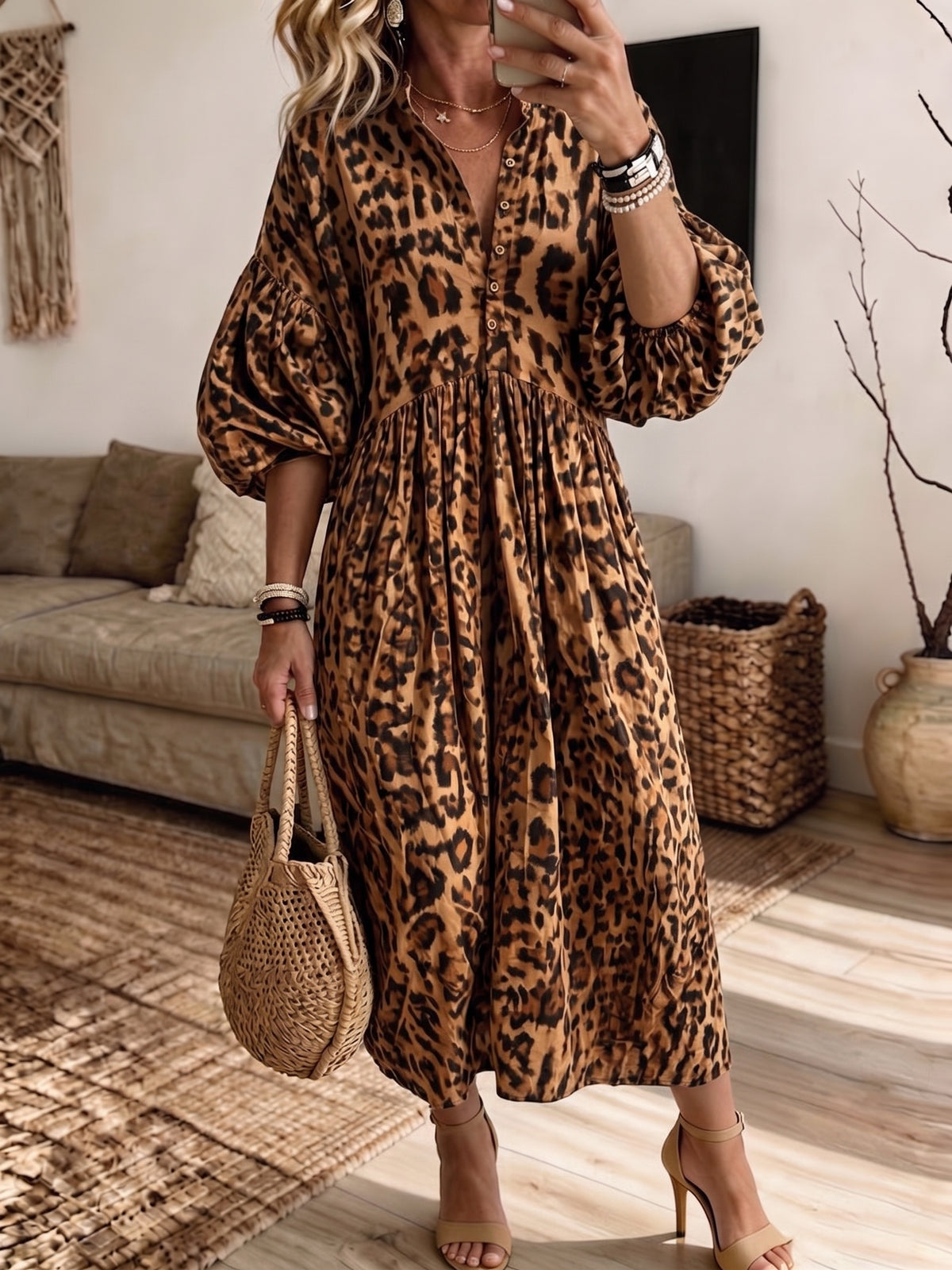 Women Leopard Print Midi Dress V‑Neck Partial Button Puff Long Sleeve High Waist Flowy Casual Dress