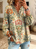 Retro Floral Pattern Art Print Casual Long Sleeve Cotton Linen Shirt