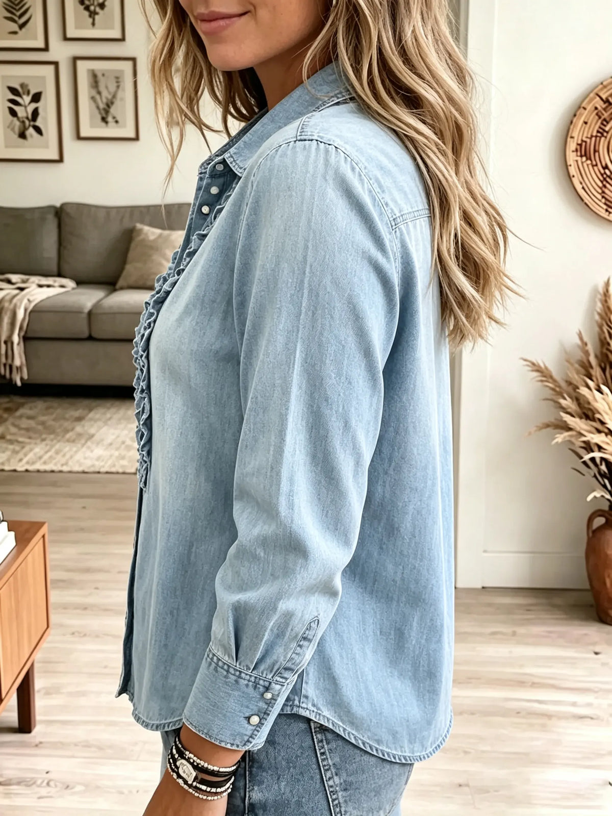 Women's Ruffled Placket Long Sleeve Denim Shirt