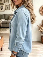 Women's Ruffled Placket Long Sleeve Denim Shirt