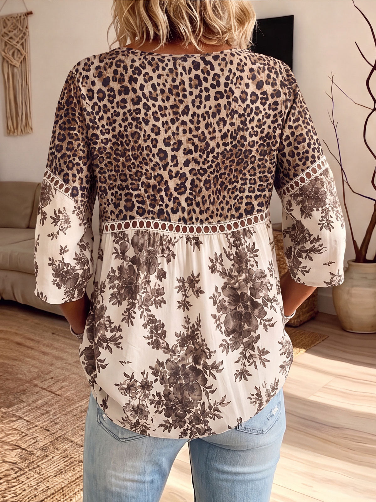 Women's Hollow Lace Spliced Leopard Floral Two-Tone 3/4 Sleeve Blouse