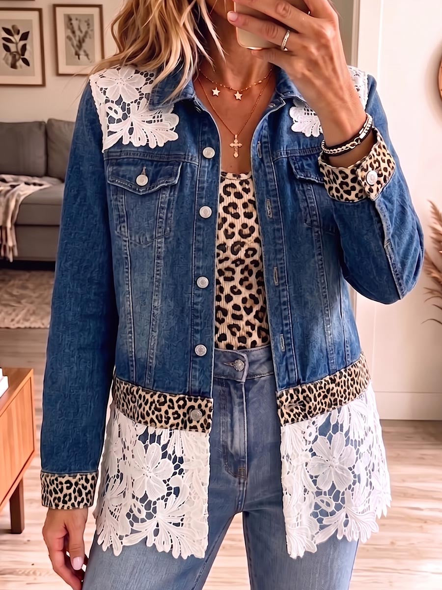 Vintage Elegant Denim Patchwork Hollowed Out Lace Jacket