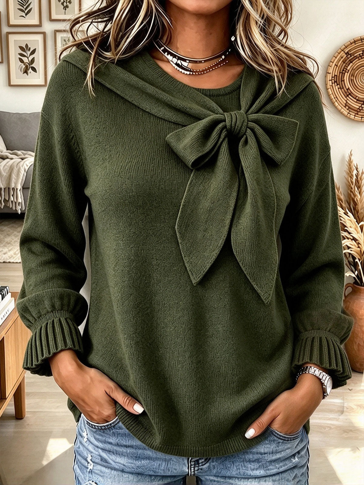 Women's Olive Green Knit Pullover Sweater with Elegant Front Bow Tie