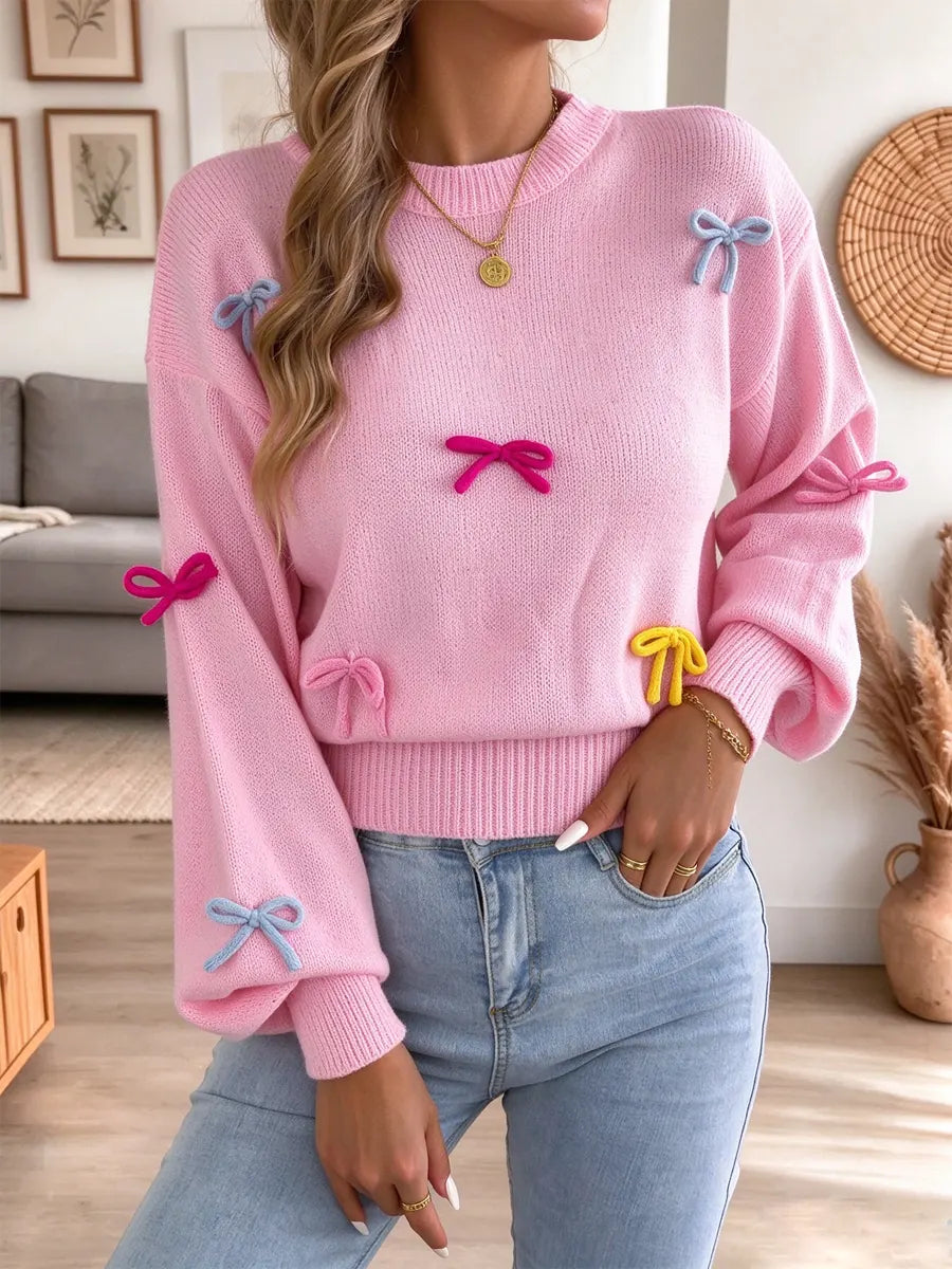 Cute Bow Art Casual Stylish Long Sleeve Round Collar Knit Sweater