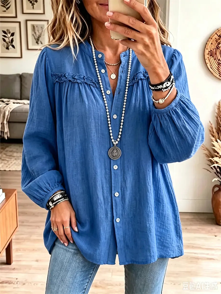 Retro Solid Color Art Casual Ruffle Stylish Long Sleeve Cotton Linen Shirt