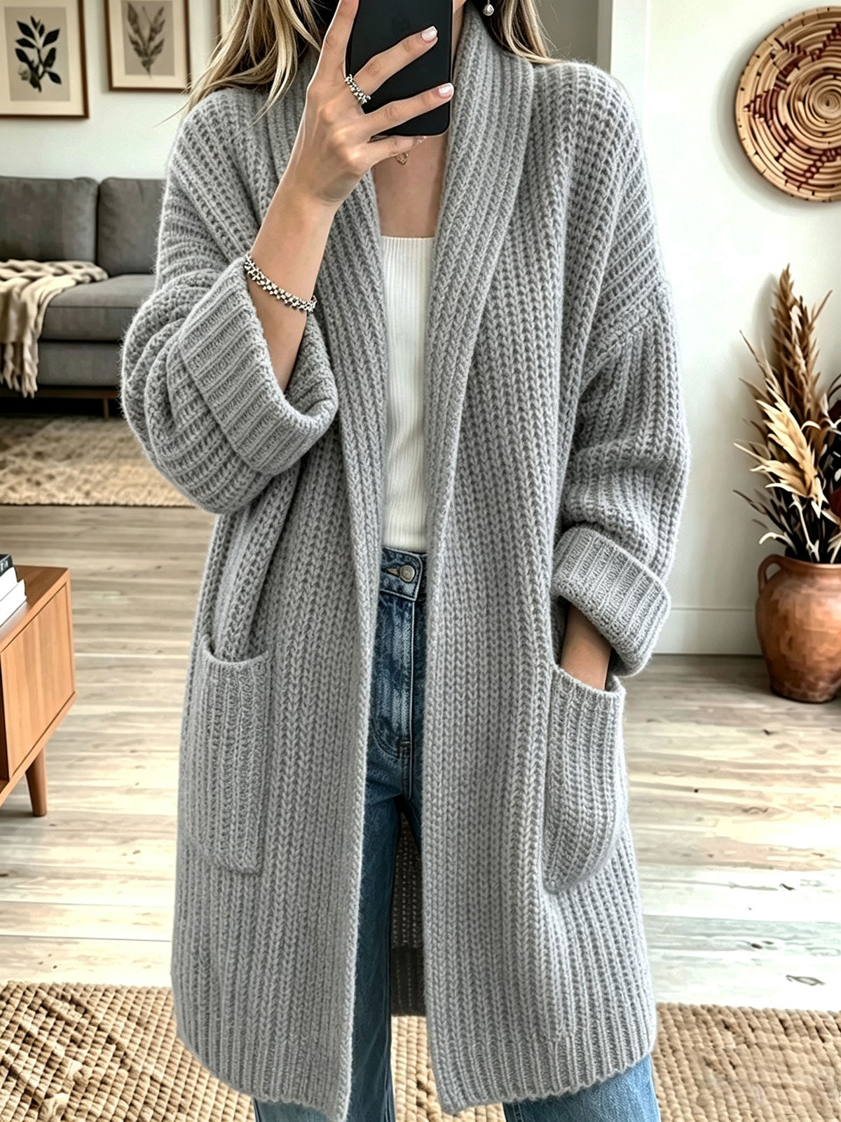 Women Shawl Collar Waffle Knit Open‑Front Mid‑Length Cardigan With Pockets