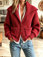 Women's Lapel Collar Chunky Knit Cardigan, Button Front Cropped Sweater Jacket with Pockets