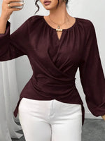 Retro Elegant Solid Color Round Collar Casual Long Sleeve Wrap Stylish Shirt