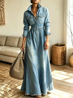 Retro Lapel Art Casual Button Stylish Long Sleeve Denim Maxi Dress