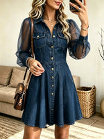 Women's Sheer Puff Sleeve Button-Down Denim Dress