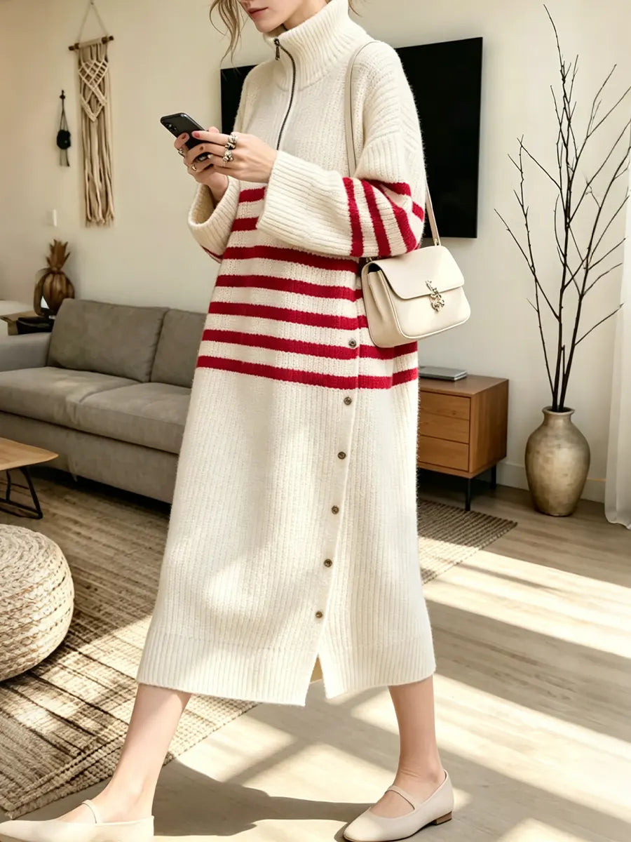 Women's Casual Loose Striped Turtleneck Knit Dress