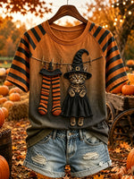 Women's Halloween Tabby Witch Cat Striped Sleeve T-Shirt