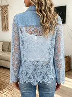 Women Lace Spliced Denim Jacket Stand Collar Button Down Long Sleeve Ruffle Trim Outerwear