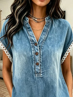 Women's Solid Wash Denim Lace Trim Short Sleeve Top