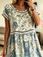 Women's Blue Botanical Floral Print Hollow Short Sleeve Midi Dress