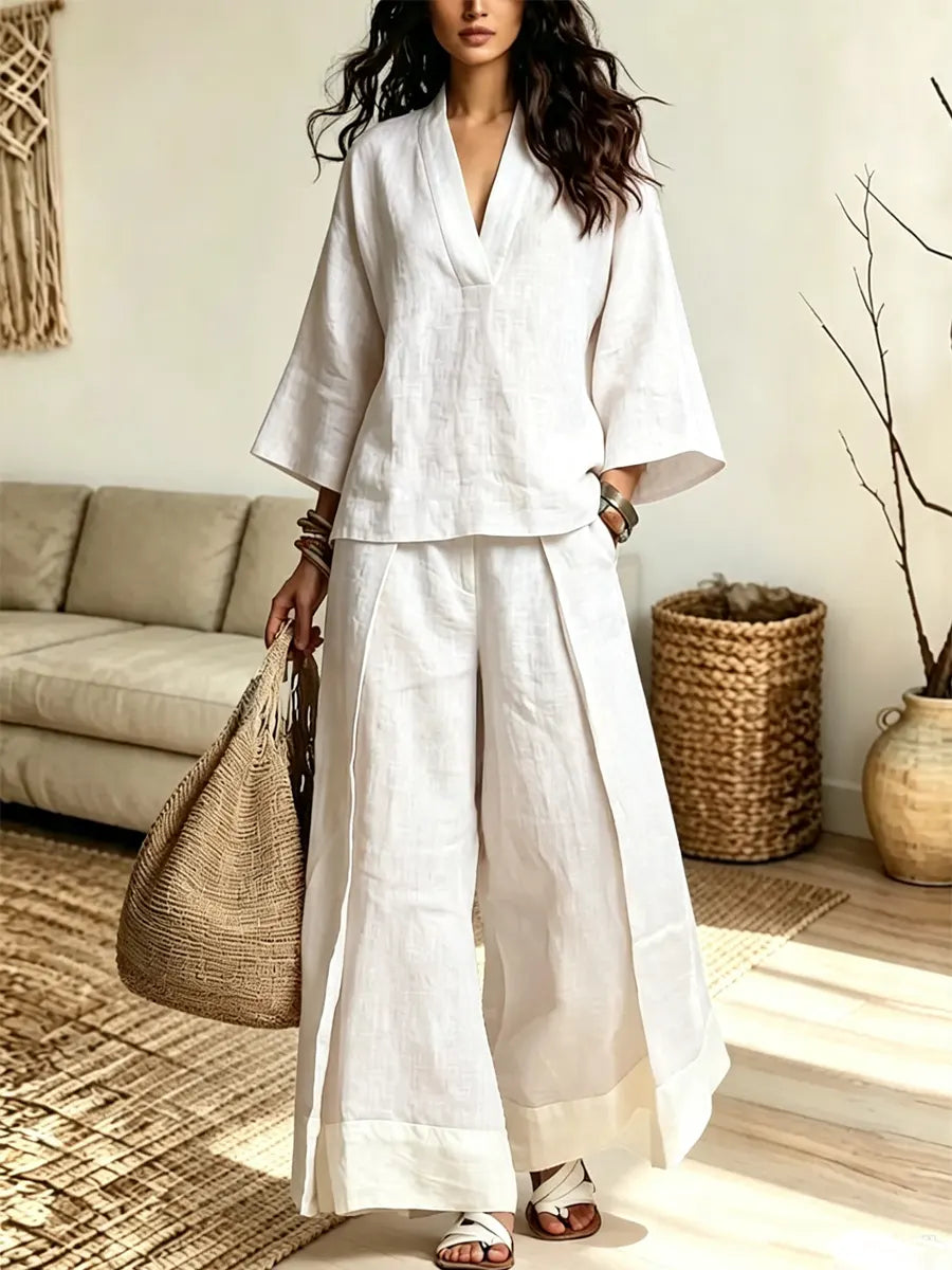 Retro 3/4 Sleeve Art Casual Stylish Top And Wide Leg Pants Two-piece Sets