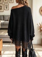 Women's Off-the-Shoulder Lace Hem Oversized Sweater Dress
