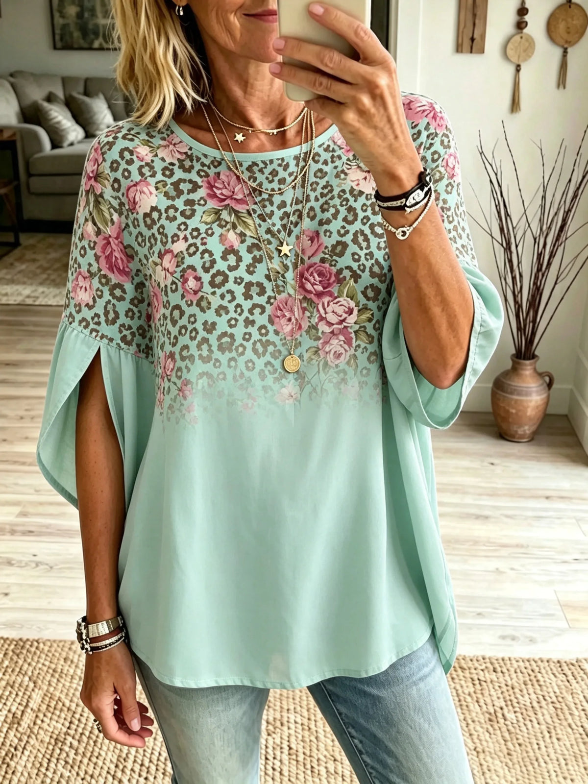 Women's Leopard Rose Floral Gradient Wide Sleeve Top