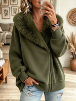 Women's Faux Fur Collar Asymmetric Zip Fleece Jacket