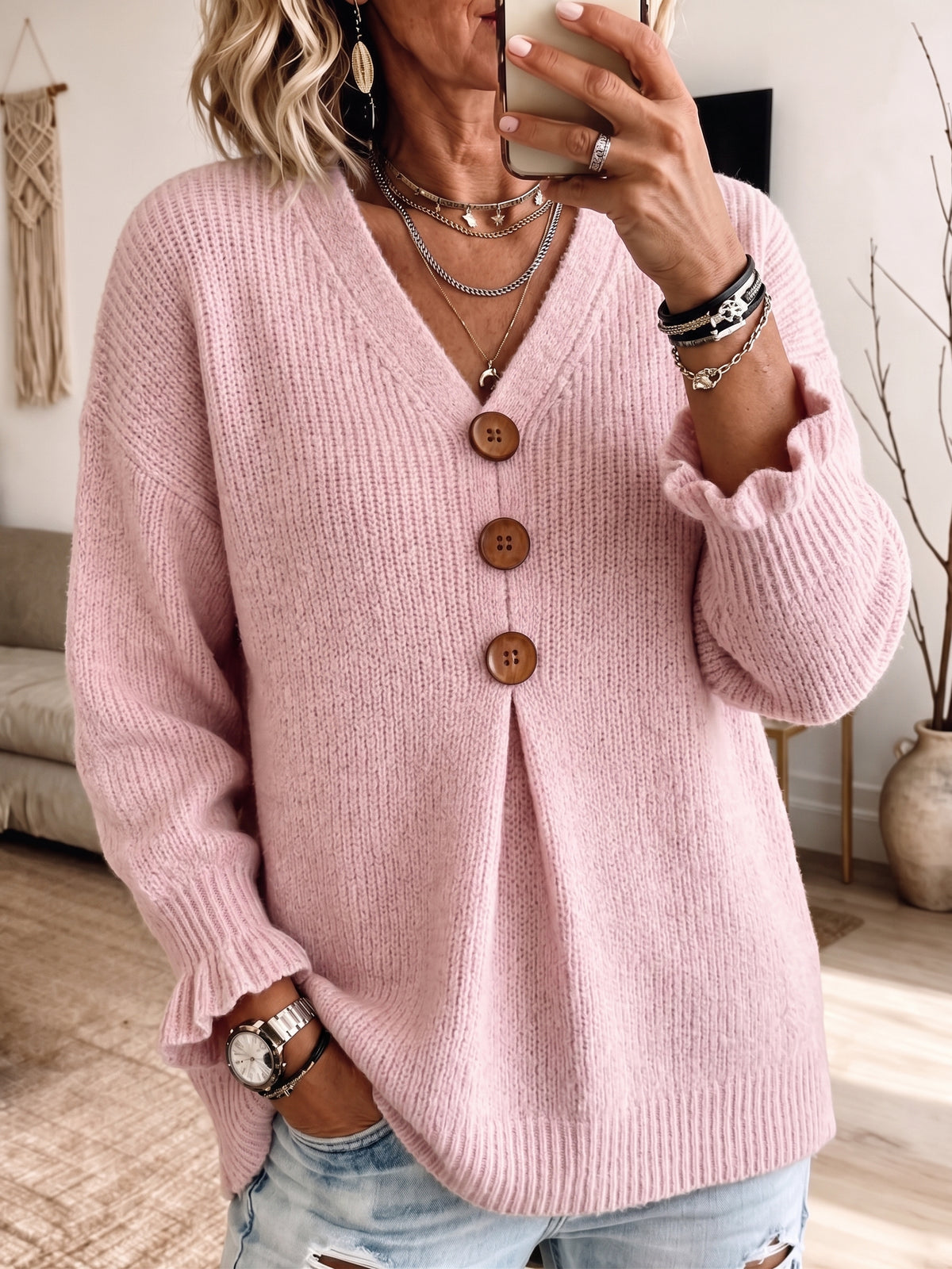 Mustard Yellow V‑Neck Big Button Ruffle Cuff Knit Sweater
