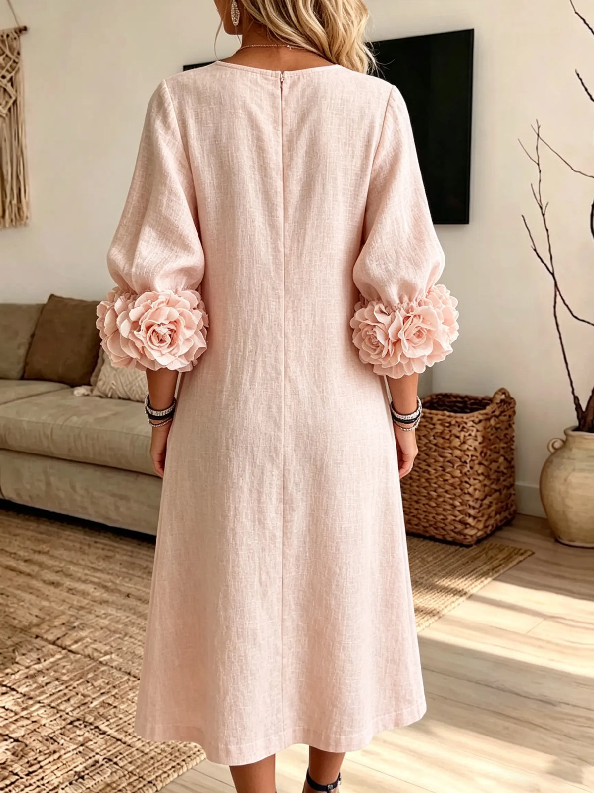 Women's 3D Floral Cuff Linen Midi Dress