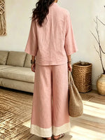Retro 3/4 Sleeve Art Casual Stylish Top And Wide Leg Pants Two-piece Sets
