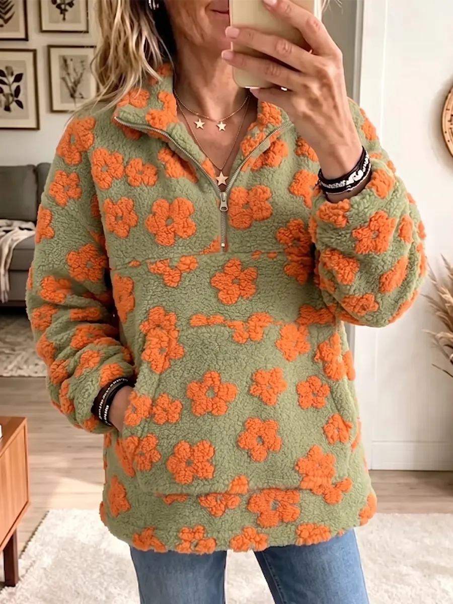 Vintage Elegant Floral Fleece Sweatshirt