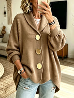 Women Camel Shawl Collar Big Button Oversized Lantern Sleeve Knit Cardigan