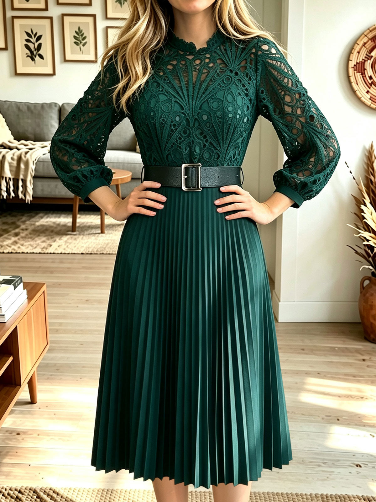 Women Lace Long‑Sleeve Belted Pleated Midi Dress