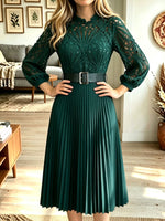 Women Lace Long‑Sleeve Belted Pleated Midi Dress