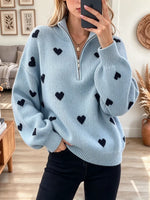 Retro Love Pattern Zip Stand Collar Art Casual Stylish Long Sleeve Sweater