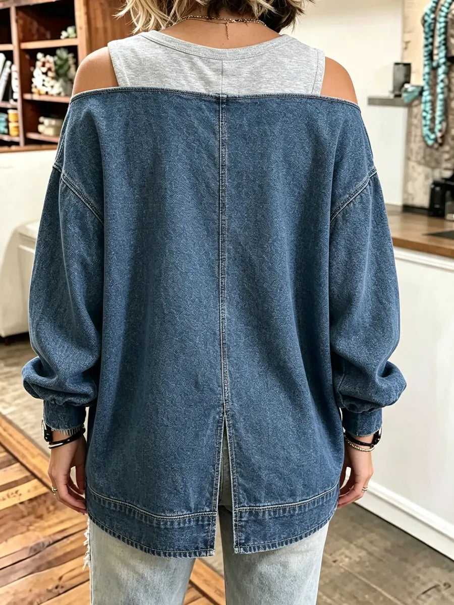 Women's V‑neck Fake Two‑piece Cold Shoulder Denim Sweatshirt