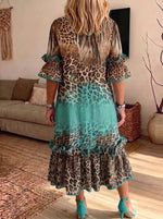 Women Ombre Leopard Print Ruffle Midi Dress Loose Flared Sleeve Dress With Pockets